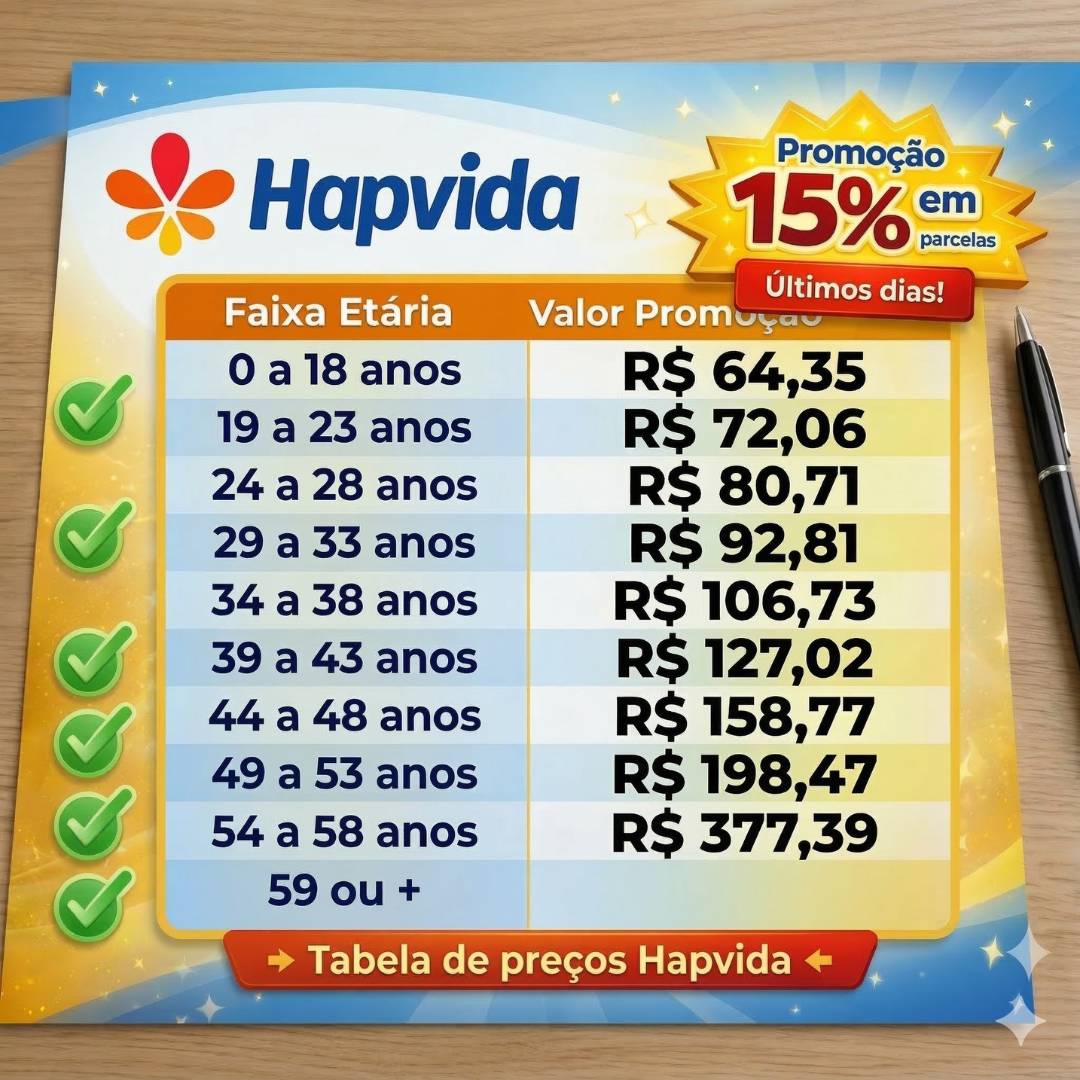 Tabela de Preços Hapvida 2026 - Promoções a partir de R$ 64,35 1 tabelas de preços hapvida 2026 - com 15% de desconto em 3 parcelas