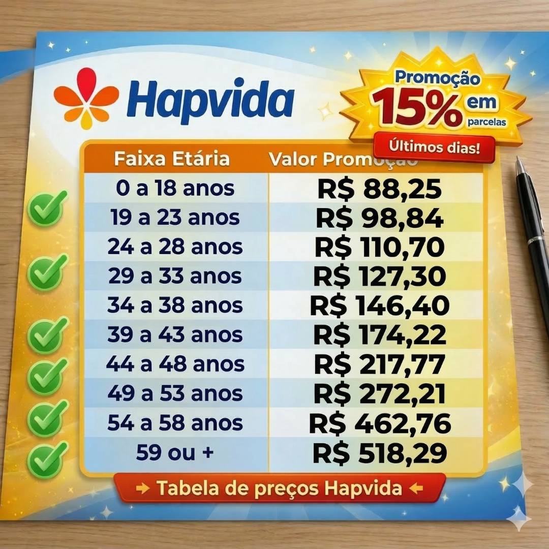 Tabela Hapvida individual 2026 — referência por faixa etária ANS, valores oficiais com coparticipação parcial nas principais capitais brasileiras. Valores entre 88,25 e 518,29