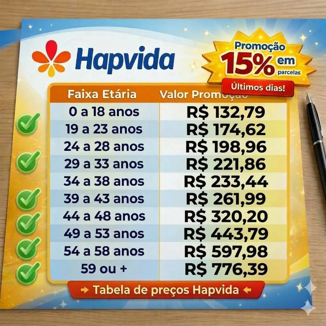Tabela Hapvida individual 2026 — referência por faixa etária ANS, valores oficiais com coparticipação parcial nas principais capitais brasileiras. Valores entre 132,79 e 776,39
