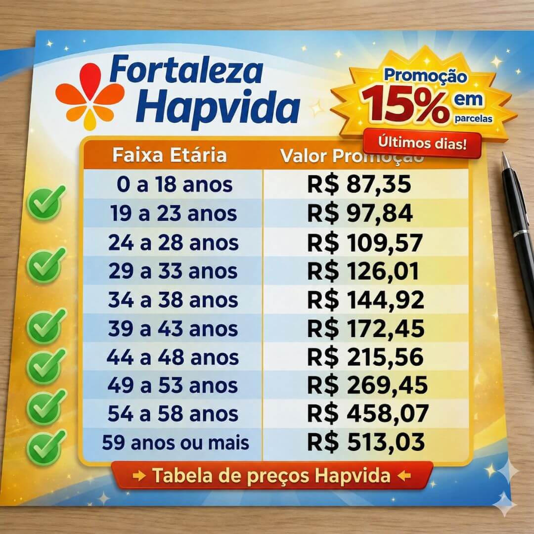 Tabela Hapvida empresarial Fortaleza 2026 — Preços por Faixa Etária Tabela de preços Hapvida Fortaleza Empresarial 2026 — valores oficiais por faixa etária ANS para plano de saúde empresarial com coparticipação total na capital cearense, de R$ 87,35 (0 a 18 anos) até R$ 513,03 (59 anos ou mais