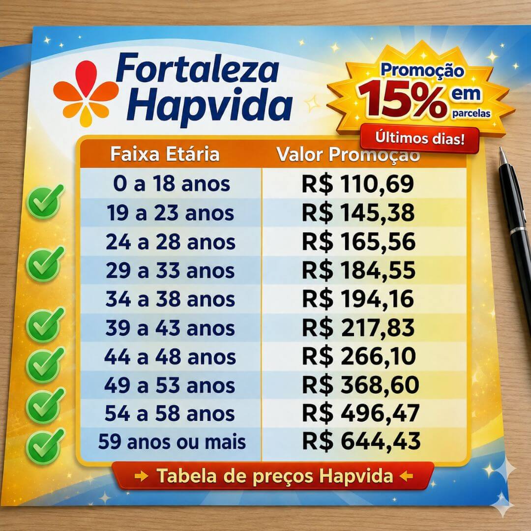 Tabela Hapvida individual Fortaleza 2026 — Preços por Faixa Etária Tabela de preços Hapvida Fortaleza Individual 2026 — valores oficiais por faixa etária ANS para plano de saúde individual com coparticipação total na capital cearense, contratação por CPF a partir de R$ 110,69 (0 a 18 anos) até R$ 644,43 (59 anos ou mais)