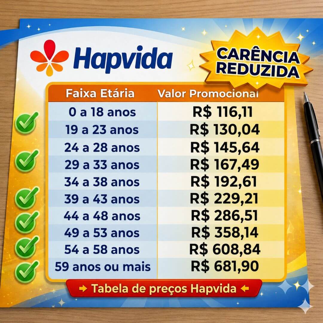 Tabela de preços Hapvida empresarial 2026 — coparticipação parcial Tabela de preços Hapvida 2026 — plano Hapvida empresarial com coparticipação parcial, valores por faixa etária ANS (referência Belo Horizonte). De R$ 116,11 a R$ 681,90