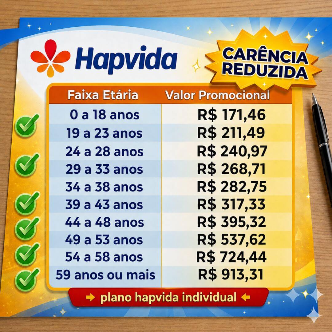 Tabela de preços Hapvida individual 2026 — coparticipação parcial Tabela de preços Hapvida 2026 — plano Hapvida individual com coparticipação parcial, valores por faixa etária ANS (referência Belo Horizonte). De R$ 171,46 a R$ 913,31
