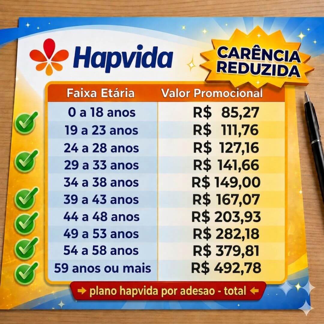 Tabela de preços Hapvida por adesão 2026 — coparticipação total Tabela de preços Hapvida 2026 — plano Hapvida por adesão com coparticipação total, valores por faixa etária ANS (referência Belo Horizonte). De R$ 85,27 a R$ 492,78