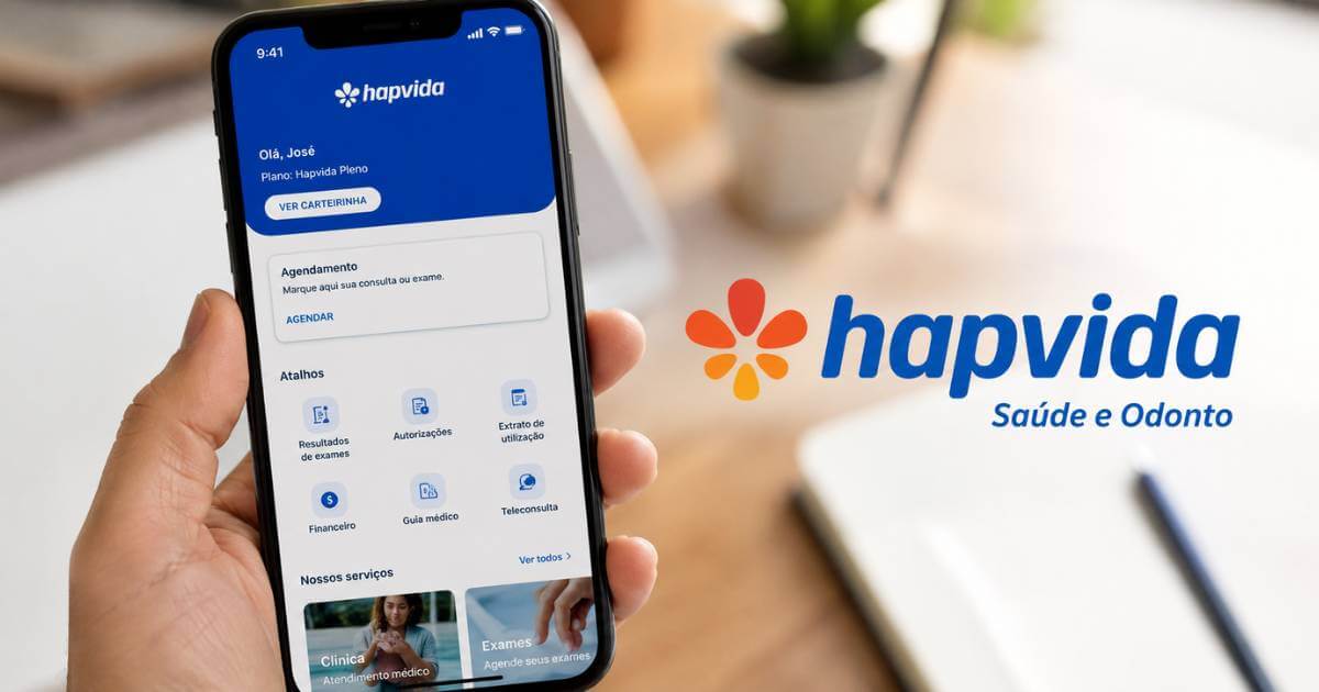 Aplicativo Hapvida: qual dos apps baixar, como fazer o cadastro e usar a carteirinha digital, boleto e agendamento Aplicativo Hapvida: tela do app do beneficiario com carteirinha digital, agendamento de consultas e exames, 2a via de boleto e acesso a rede propria da operadora