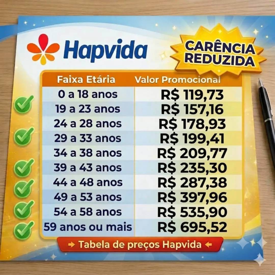 Tabela de preços Hapvida em Recife (PE) 2026 com promoção de carência reduzida — valores promocionais por faixa etária ANS, do recém-nascido aos 59 anos ou mais. Valores entre R$ 119,73 e R$ 695,52.