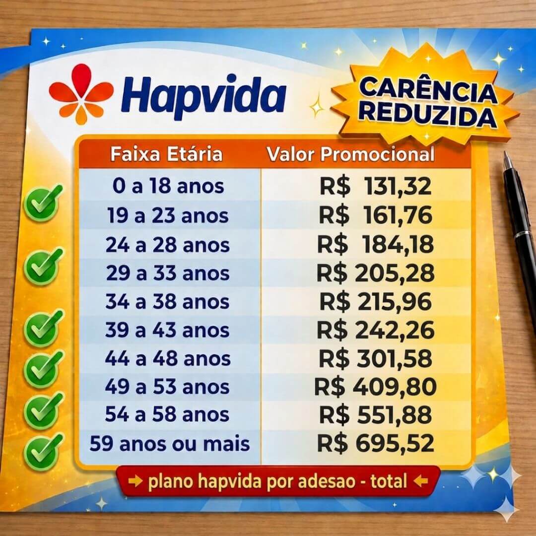 Tabela de preços Hapvida em Recife (PE) 2026 com promoção de carência reduzida — valores promocionais por faixa etária ANS, do recém-nascido aos 59 anos ou mais. Valores entre R$ 131,32 e R$ 695,52.