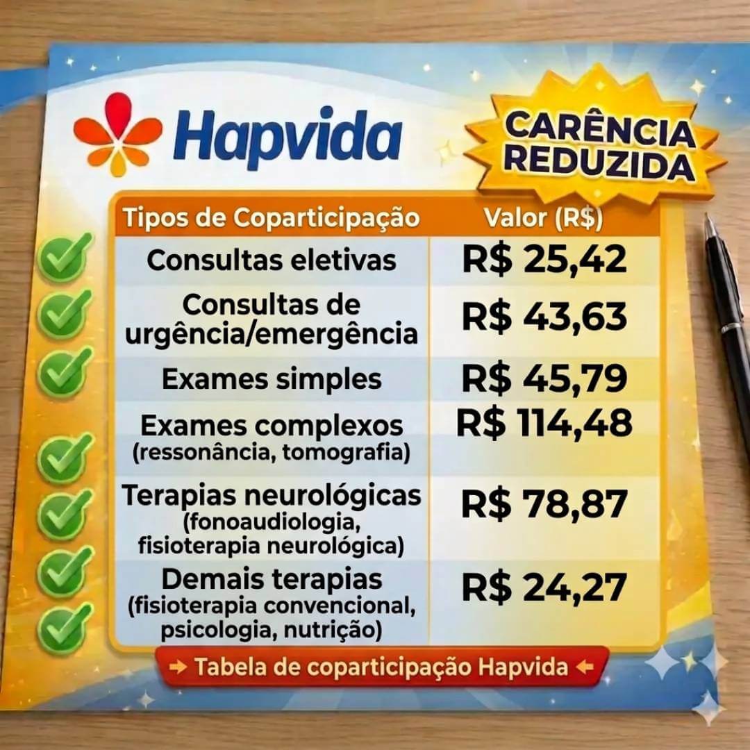 Tabela de coparticipação Hapvida atualizada — Julho de 2026 Tabela de coparticipação do Hapvida atualizada em Julho de 2026 com os valores de consultas eletivas, urgência, exames simples, exames complexos e terapias nas duas tabelas regionais (demais capitais e SP/BH)
