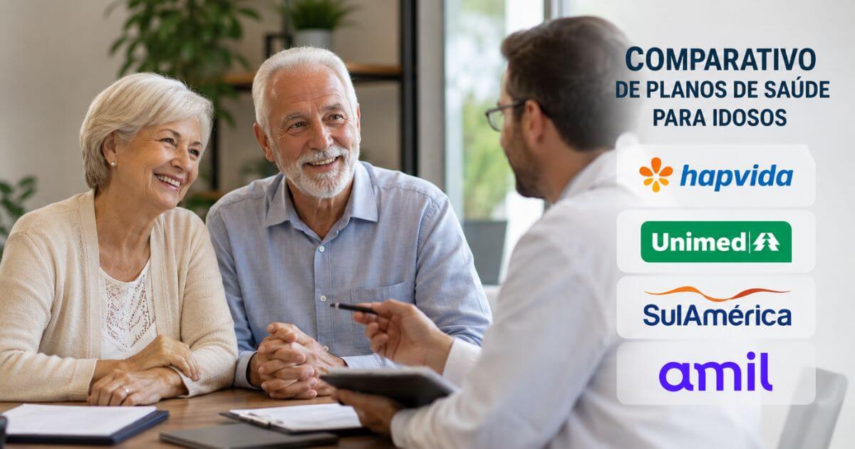Plano de saúde para idosos: comparativo de preço da faixa 59+ entre Hapvida, SulAmérica, Unimed e Amil Casal de idosos conferindo a tabela de preço de plano de saúde na faixa de 59 anos ou mais, a última e mais cara das dez faixas etárias definidas pela ANS