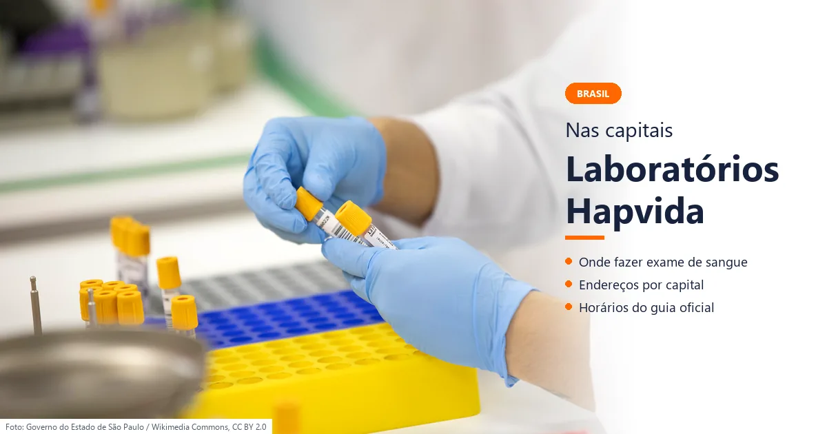 Laboratórios Hapvida nas capitais Mãos com luvas azuis seguram tubos de coleta de sangue em laboratório de análises clínicas; a Hapvida informa 301 unidades próprias de diagnóstico por imagem e coleta laboratorial