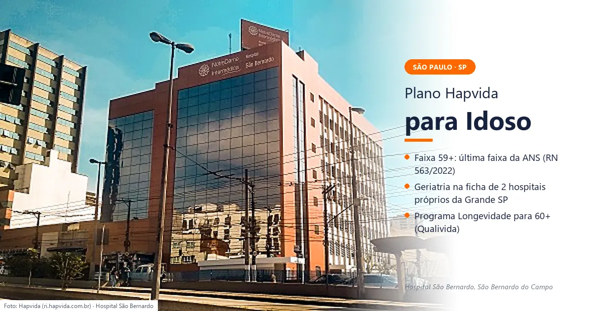 Plano Hapvida para idoso em São Paulo Fachada do Hospital São Bernardo, da Hapvida, em São Bernardo do Campo (SP), com o título Plano Hapvida para Idoso (imagem real da unidade)
