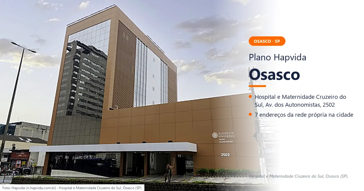 Plano Hapvida em Osasco — Hospital e Maternidade Cruzeiro do Sul Hospital e Maternidade Cruzeiro do Sul, da Hapvida NotreDame, na Av. dos Autonomistas, 2502, Centro, Osasco (SP)